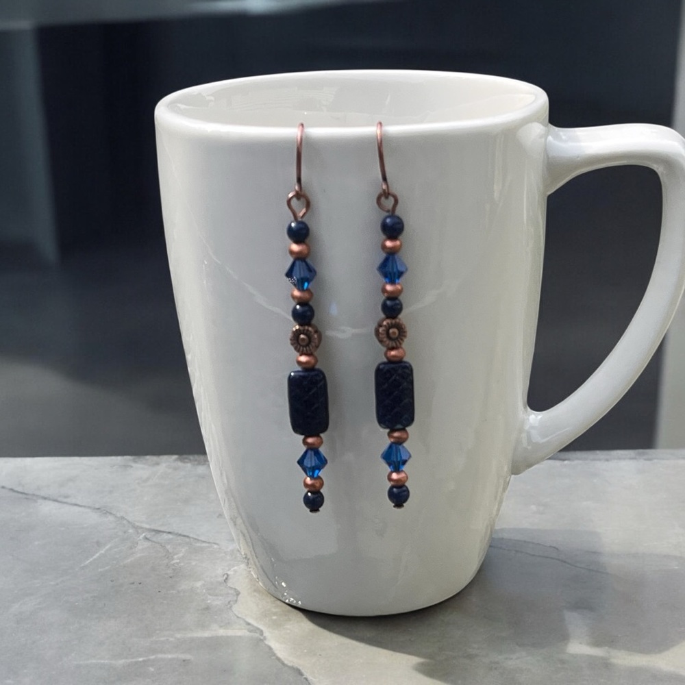 Handcrafted Blue and Copper Beaded Earrings - Picture 4 of 11